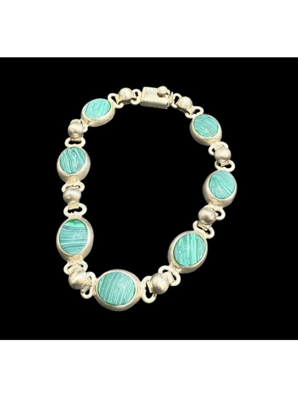 Vintage Sterling Silver Green Oval Malachite Bracelet Panel Link 7.25 in